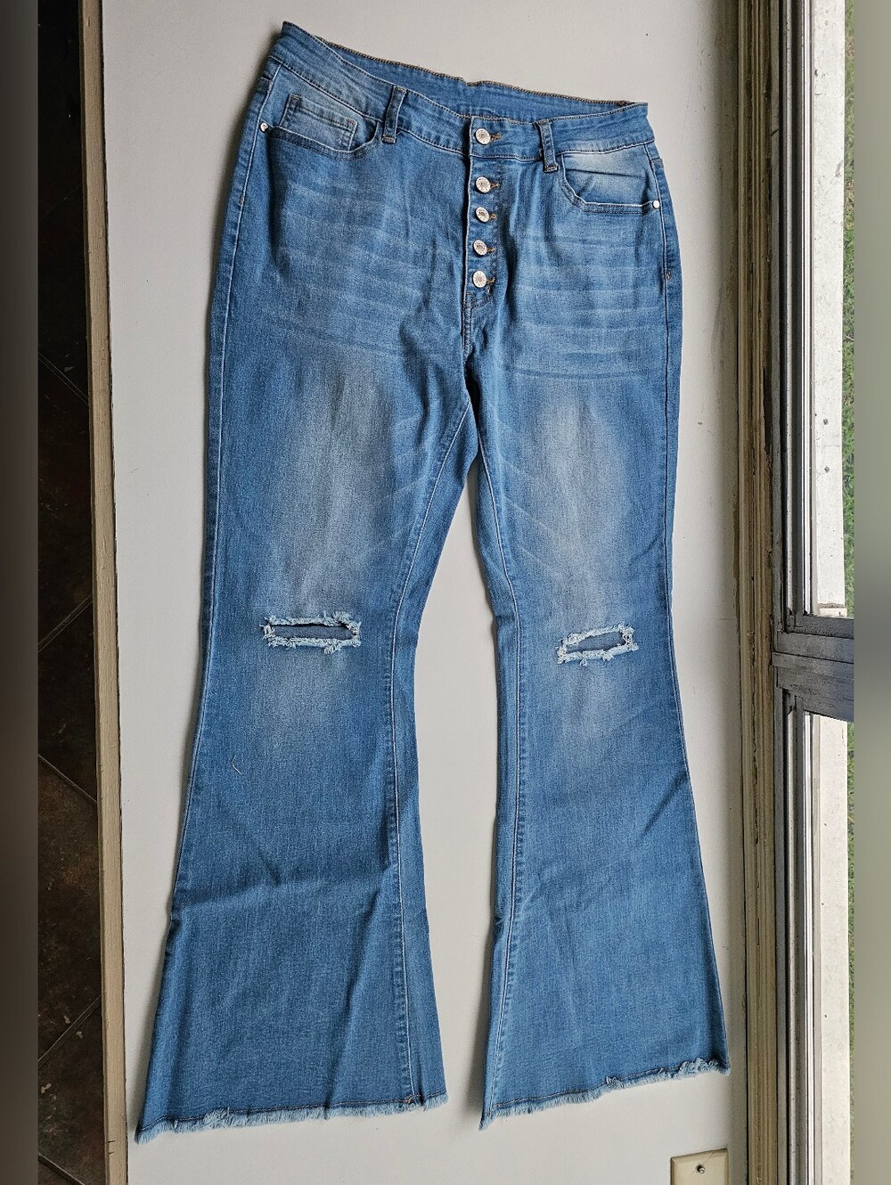 Women's Light Blue Distressed Button-Fly Flare Jeans - Women's Size L